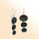 Sterling silver black shell earrings with triple round drop design, handcrafted in Bali